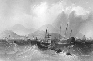 PORT OF MACAO PRAIA GRANDE FROM SEA BOATS SHIPS WAVES ~ 1843 Art Print Engraving - Picture 1 of 1