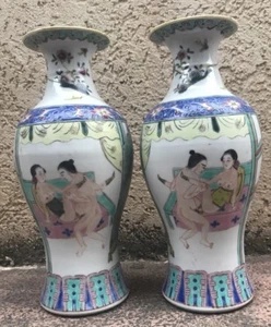 Rare Fine Pair Of Antique Erotic Chinese Republic Porcelain Vases - Picture 1 of 7