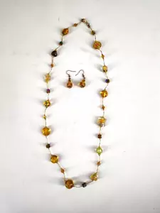 Glass Beaded Necklace & Pierced Earrings Amber Iridescent Floral Lampwork 29" - Picture 1 of 9