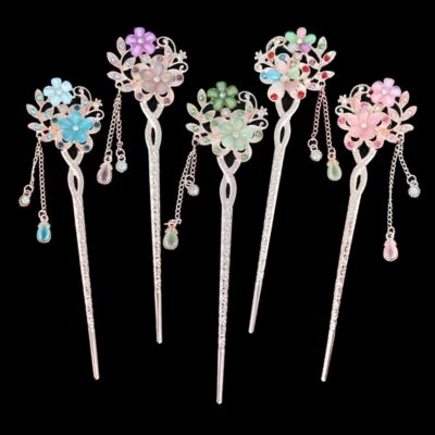 5 Colors Chinese Flower Hair Sticks Retro Glitter Rhinestone Hairpin Tassel - Image 1 of 4