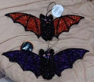 LARGE BAT DECOR 18.1"Tinsel on Plastic Frame Googly Eyes Choose Orange OR Purple - Picture 1 of 5