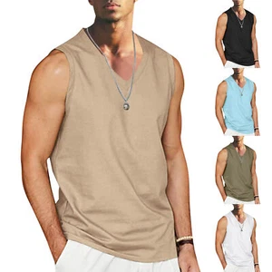 Mens Summer Beach Vest Tee Simple Solid Color V Neck Cotton And Linen Tank Tops - Picture 1 of 34