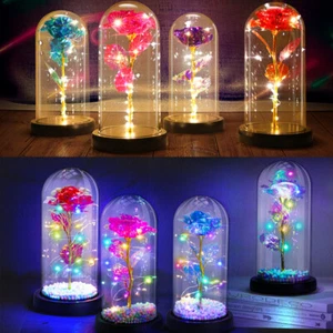 LED Crystal Enchanted Rose In Glass Dome Home Decoration Valentine'S Day Gift - Picture 1 of 84