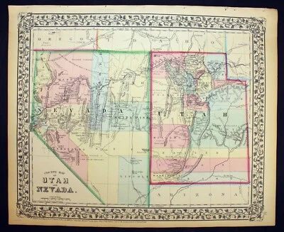 Antiguo mapa a color de 1870 mapa del condado de Utah y Nevada Mitchell Foto 1 de 4