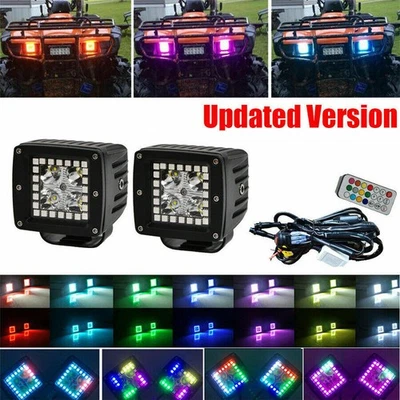 2x 3" Spot Pods LED Work Light RGB Halo Ring Chasing Multi-Color Remote Control - Image 1 of 4