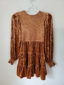 Baltic Born Crushed Velvet Mini Dress Large Smocked Copper Boho $80 - Picture 1 of 16