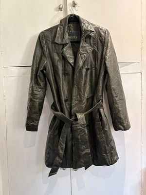 Abrigo de cuero vintage para dama gris verde años setenta Danier Canadá talla 12-14  Foto 1 de 4