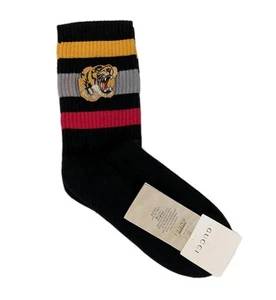 Gucci Men Tiger Applique Stripe William CottonBlend Socks Black Red Gold Sz 11-M - Picture 1 of 9