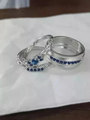 2CT Round Cut Lab Created Sapphire Wedding Trio Ring Set 14K White Gold Plated - Image 1 of 3