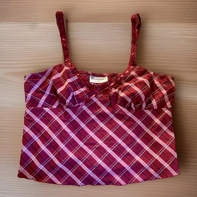 Babydoll Cami Crop Top Lace Trim Plaid Womens Plus Size XXL Maroon Pink Y2K 90s — 第 1/4 张图片