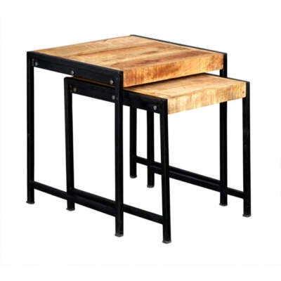Modern Up-cycled Industrial Metal and Wood Nest of 2 Tables for Living Room - Image 1 of 4