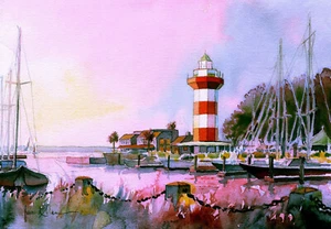 Harbour Town Lighthouse & Marina Sunset Hilton Head SC. James Mann Art Notecards - Picture 1 of 2