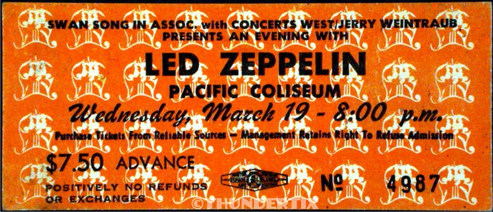 1  LED ZEPPELINE UNUSED FULL CONCERT TICKET 1975 Vancouver BC Canada  reprint - Image 1 of 1