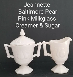 JEANNETTE BALTIMORE BIRNE Rosa Muschel Milchglas SAHNEKÄNNCHEN UND ZUCKER - Bild 1 von 7