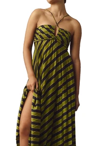 Size XS Moon River Striped Pleated Maxi Dress Green & Black Strappy Dress - Picture 1 of 6