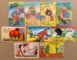FAT LADY HUMOR - 9 Different 1940s LINEN Risque Comic Postcards - Picture 1 of 2