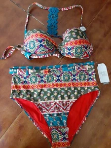TIME & TRU WOMEN LACE RACE BACK HIGH WAIST SWIMSUIT BIKINI SET 2 PC ETHNIC PRINT - Picture 1 of 9