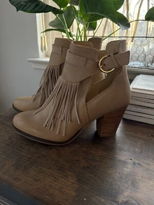 SBicca Vintage Collection Leather Fringe Bootie Taupe Buckle Hippy Cowgirl SZ 8 - Image 1 of 4