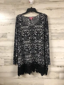 Woman Within 1X Black White Abstract Top Crochet Trim Office Career Whimsigoth - Picture 1 of 9