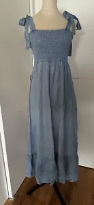H&M Lyocell Midi Smoked Dress Denim Blue Tie Straps Size S NWT - Picture 1 of 4