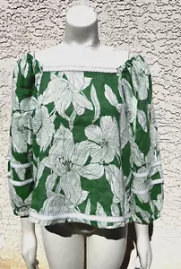 NEW Tahari Womens Linen Blouse Top Green White Floral Square Neck Size L NWT - Picture 1 of 9