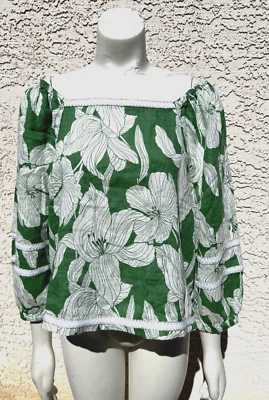 NEW Tahari Womens Linen Blouse Top Green White Floral Square Neck Size L NWT - Image 1 of 4
