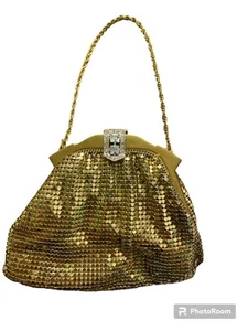 Vintage Whiting & Davis Rhinestone Gold Mesh & Satin Handbag w/Chain Handle - Picture 1 of 7