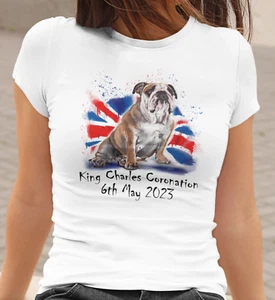 KING CHARLES III BRITISH BULLDOG CORONATION 2023 T SHIRT UNION JACK ADULTS KIDS - Picture 1 of 5