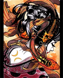 Gothic Geisha and Koi fish comic watercolor fantasy art CANVAS PRINT - Picture 1 of 1