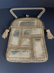 Vintage Gold Leather Patchwork Crochet Purse With Gold Chain Strap - Picture 1 of 16