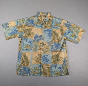 Reyn Spooner Shirt Mens Medium Tan Blue Hawaiian Short Sleeve Canoe Boat Palm - Picture 1 of 11
