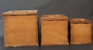 Vintage Set of 3 Lidded Square Wooden Nesting Stacking Canisters Country Rustic - Picture 1 of 13