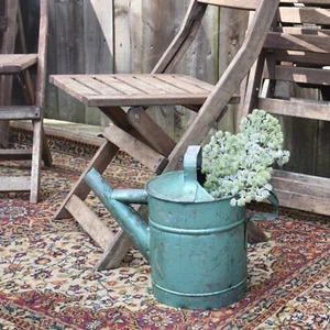 Antique Vintage Green Galvanised Steel Metal English Watering Can Garden Planter - Picture 1 of 7