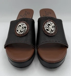 Brighton Dusty Black/Brown Leather 2.5” Wedge Slip On Open Toe Sandals Sz 6.5 M - Picture 1 of 9