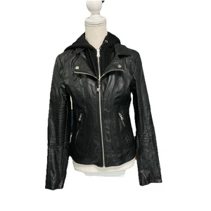 Guess Kunstleder schwarz Kapuze Bikerjacke herausnehmbares Pulloverfutter Gr. Small - Bild 1 von 8