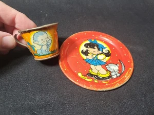 Antique, Child's Toys, Tin Lithograph, Girl and Kitten, Cup and Saucer/ Plate - Picture 1 of 16