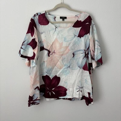 Top Lord & Taylor Para Mujer 2X Azul Borgoña Floral Lino Tropical Túnica Artística Foto 1 de 4