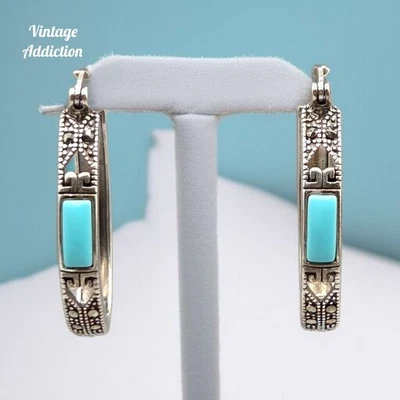 Southwest Sterling Silver Turquoise Marcasite Hoop Earnings 925 SLC Thailand - Image 1 of 4
