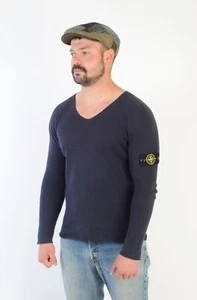 Stone Island Vintage Navy Blue Cotton Knitted V-neck Jumper Size L Made in Italy - Picture 1 of 11