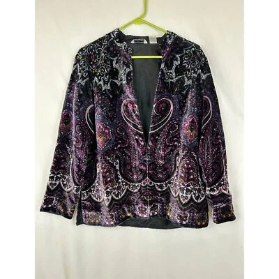 Chaqueta de terciopelo Laura Ashley para mujer pequeña negra púrpura cachemira artística frente abierto  Foto 1 de 4