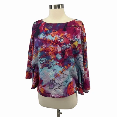 Vivienne Tam Talla 4 Colorido Top Seda Algodón Abstracto Floral Acuarela Boho Foto 1 de 4