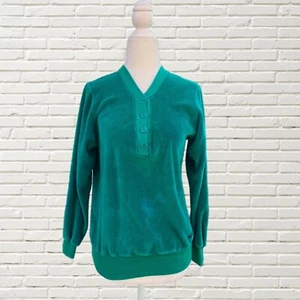 Vintage 70s Terry Cloth Velour Sweatshirt - Green Teal Liz Claiborne Size Xs S - Picture 1 of 9