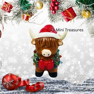 Christmas Highland Cow Ceramic Light Up Wreath Santa Hat Tier Tray Decor New - Picture 1 of 5