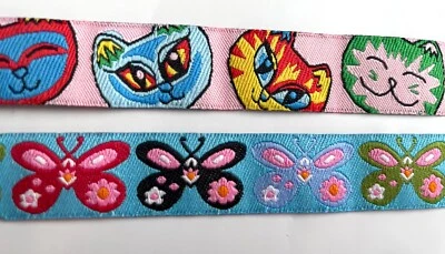 Jacquard Ribbon light pink with fun smiling green blue cats 5/8" collar - Image 1 of 2