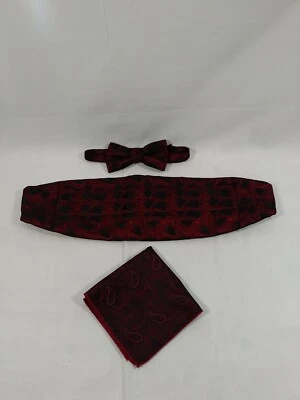 Men's Cummerbund Bow Tie Set with hanky red and black  - Image 1 of 4