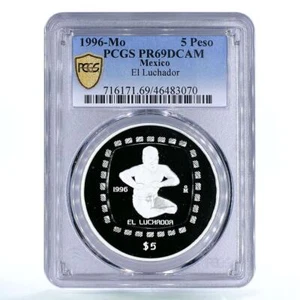 Mexico 5 pesos Precolombina El Luchador Statue PR69 PCGS silver coin 1996 - Picture 1 of 2