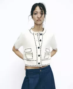 BNWT ZARA WOMAN Ivory & Navy CONTRAST STITCH KNIT JACKET CARDIGAN S 6 8 - Picture 1 of 7