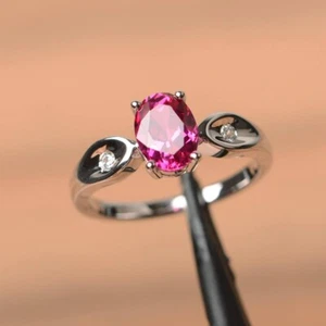 Three Stone Pink Ruby Ring Lab Created Gemstone 925 Sterling Silver Women Ring - Picture 1 of 5