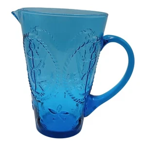 Ivima Made in Portugal Hand Blown Blue Glass Embossed Anchors Starfish Pitcher - Picture 1 of 14