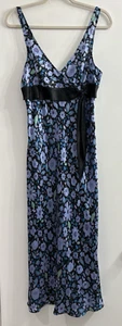 Vestido sin Mangas 100% Seda M Azul Negro Floral Midi Cuello en V Sin Mangas Coqueta de Hadas - Imagen 1 de 8
